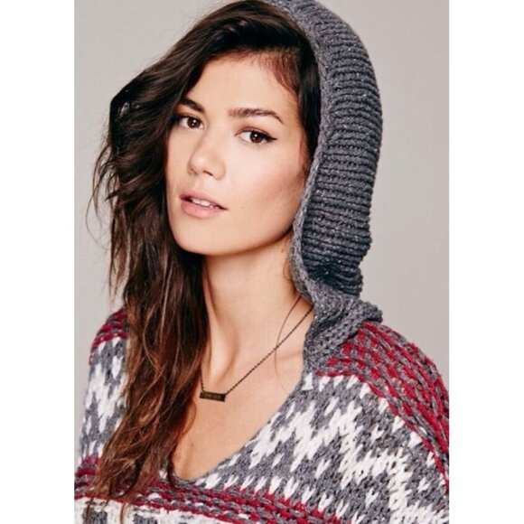 NWT Free People Chunky Knit Fair Isle Hooded Sweater - Picture 1 of 12